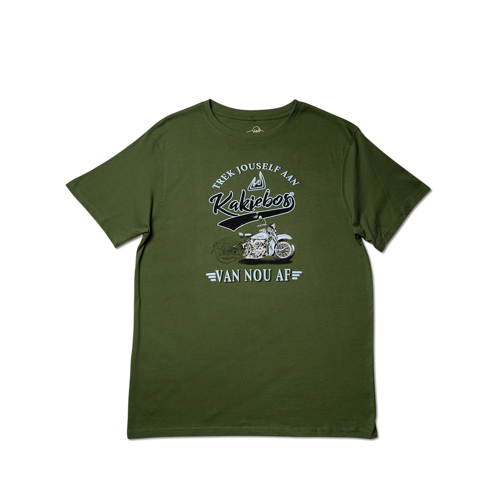 A green short-sleeved T-shirt with a graphic print of a motorcycle and text on the front.