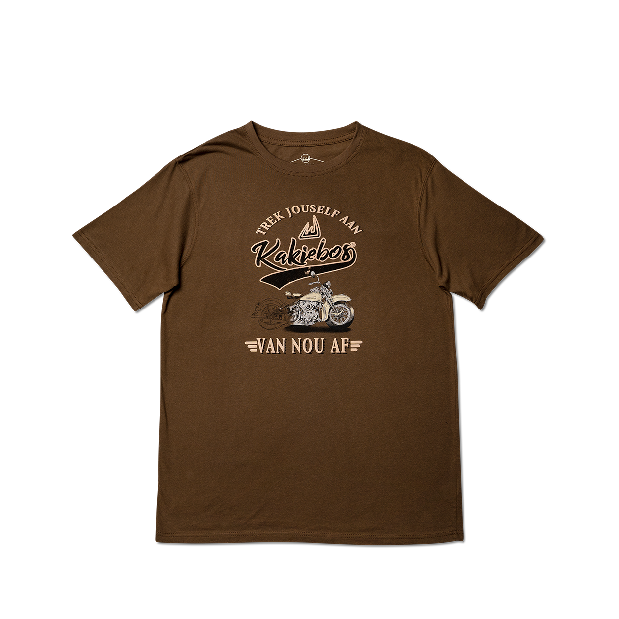 A brown crew neck t-shirt with text and graphic print on the front.