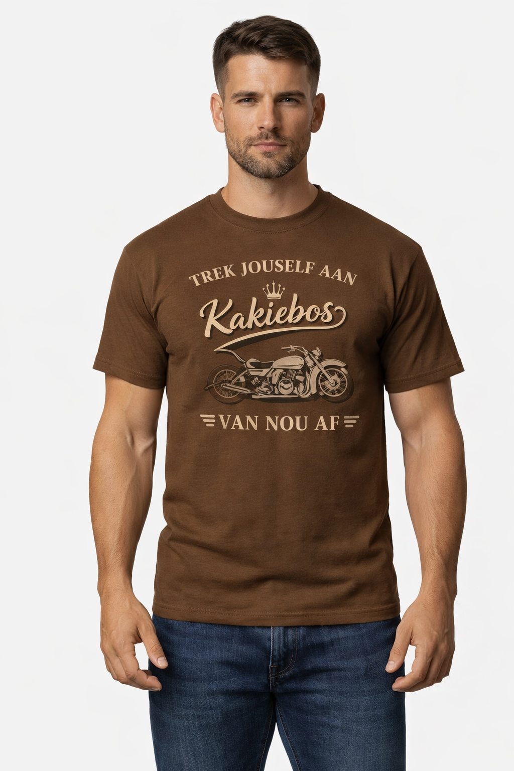 Man wearing a brown t-shirt with motorcycle graphic and text 