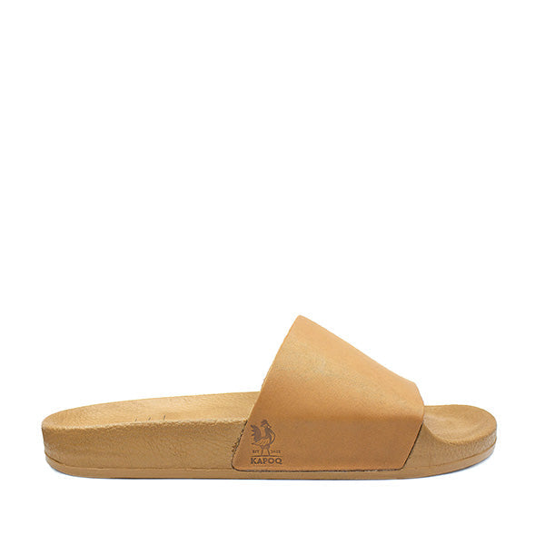 Beige sandal with brand logo on a white background