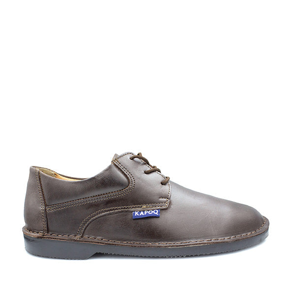 Brown leather shoe with 'Kapoo' branding