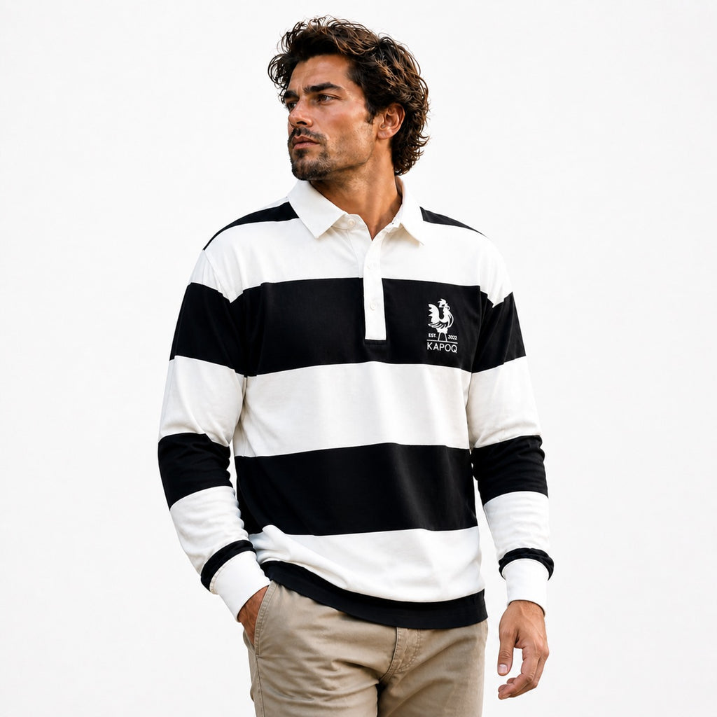 Man wearing a KapoQ Vintage black and white striped rugby shirt