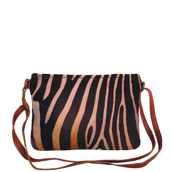 A large shoulder bag with a zebra print design, featuring a sturdy YKK zipper and an inner pocket.
