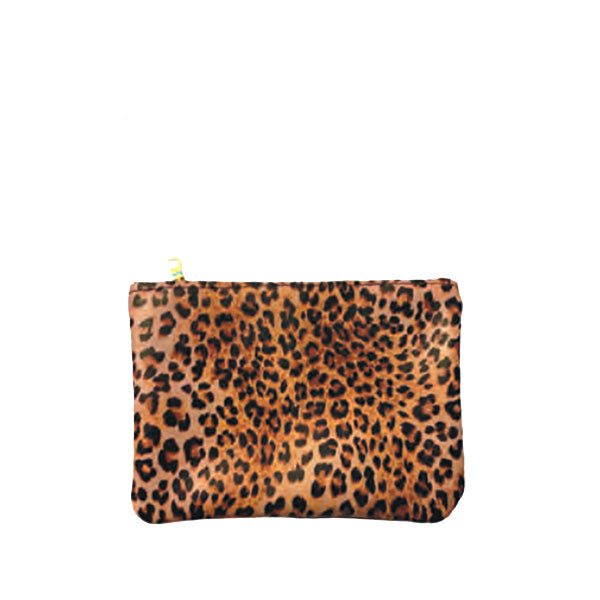 A leopard print faux leather clutch bag with a zipper.