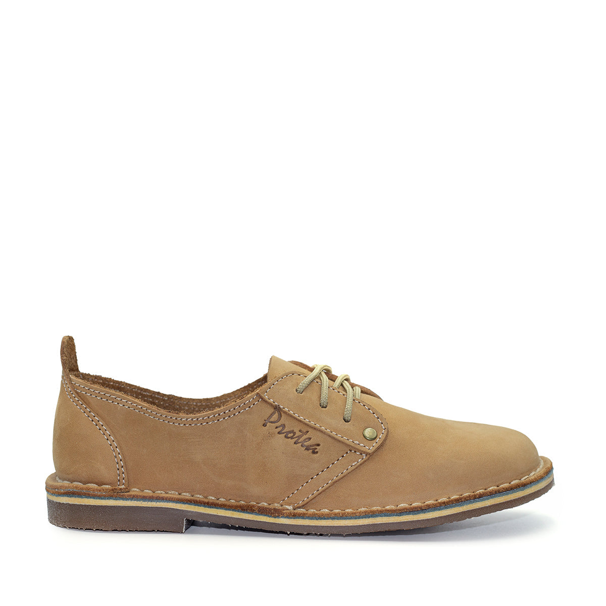 A Tan colored Protea Vellie shoe with a low heel and lace-up front, handcrafted from premium leather. Handmade in South Africa