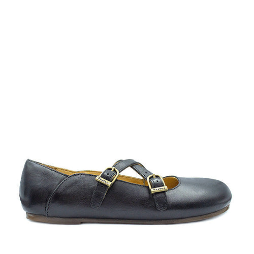 A black leather women's shoe with two buckle straps, the brand logo at the top corner indicates it is from Protea Vellie.