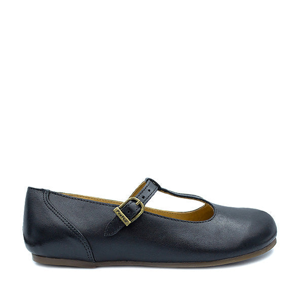 A black leather T-bar style Mary Jane shoe with a buckle strap, part of the Protea range.