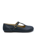 A Navy leather T-bar style Mary Jane shoe with a buckle strap, part of the Protea range.