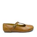A tan colored, 100% leather T-bar style Mary Jane shoe, part of the Protea range, with a buckle strap.