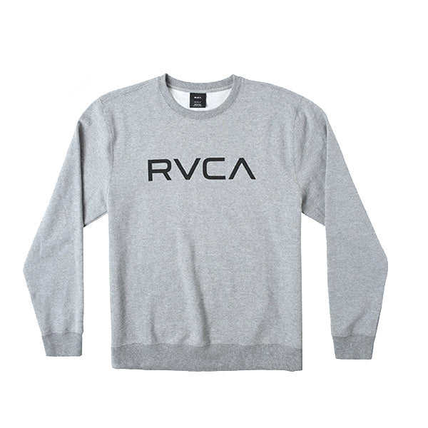 A grey RVCA crewneck sweatshirt with the brand's logo printed in black on the front.