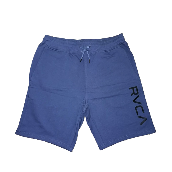 A pair of blue indigo RVCA shorts laid flat on a white background, displaying the RVCA brand logo on the left leg.