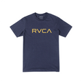Navy blue RVCA crew neck t-shirt with front screen print and inside neck screened in yellow.