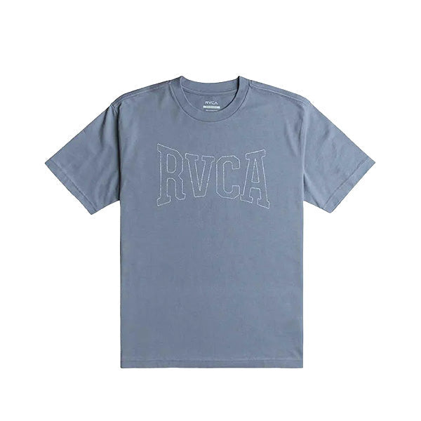 A gray RVCA t-shirt with the brand's logo stitched in white on the front.