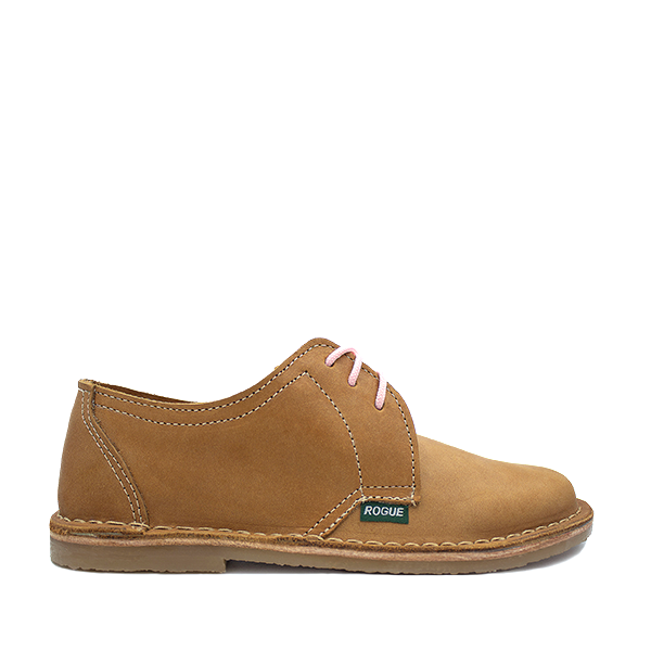 A tan-colored, low-cut, full-grain leather shoe with lace-up closure, designed for women.