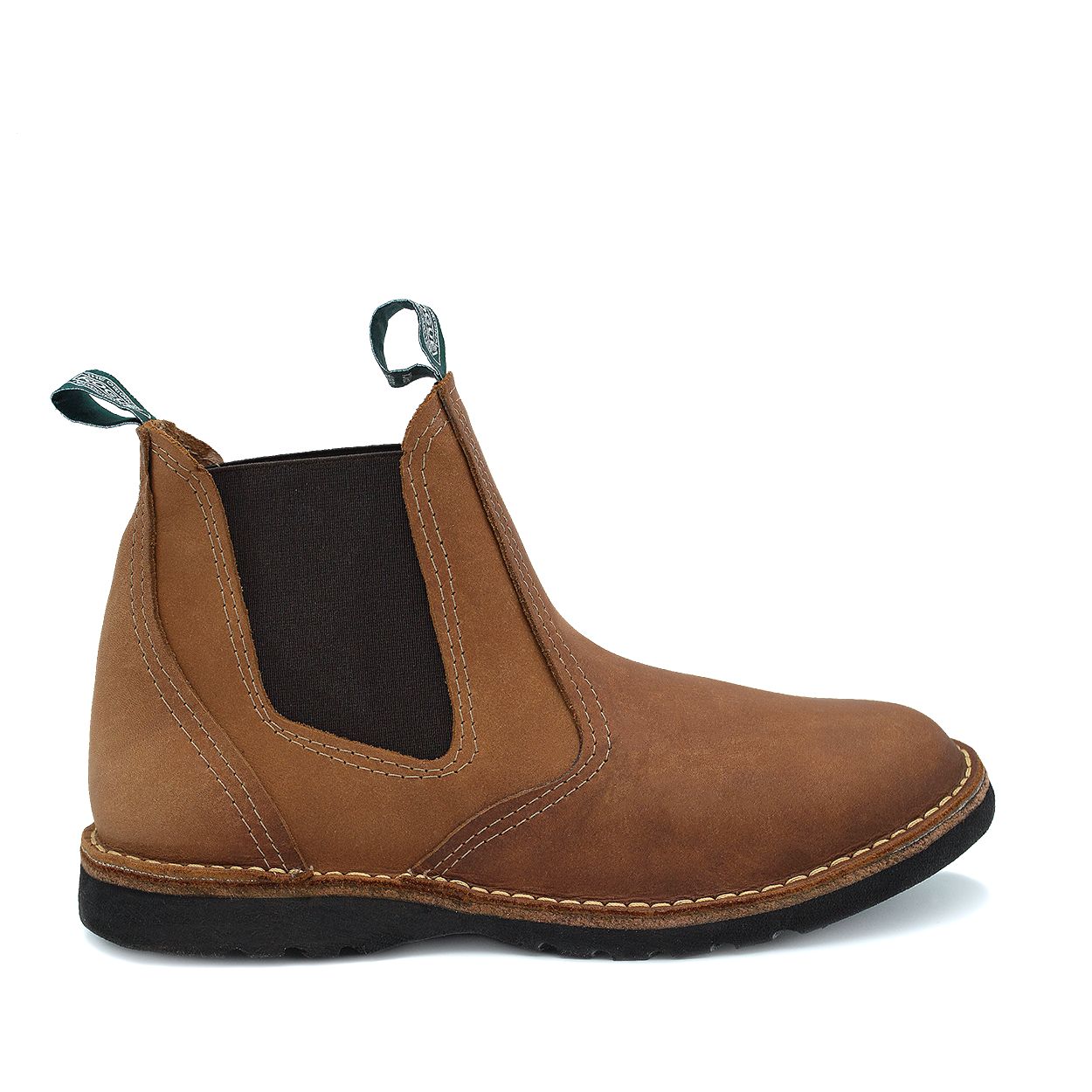 A brown classic slip-on boot with elastic-side panels and a low heel