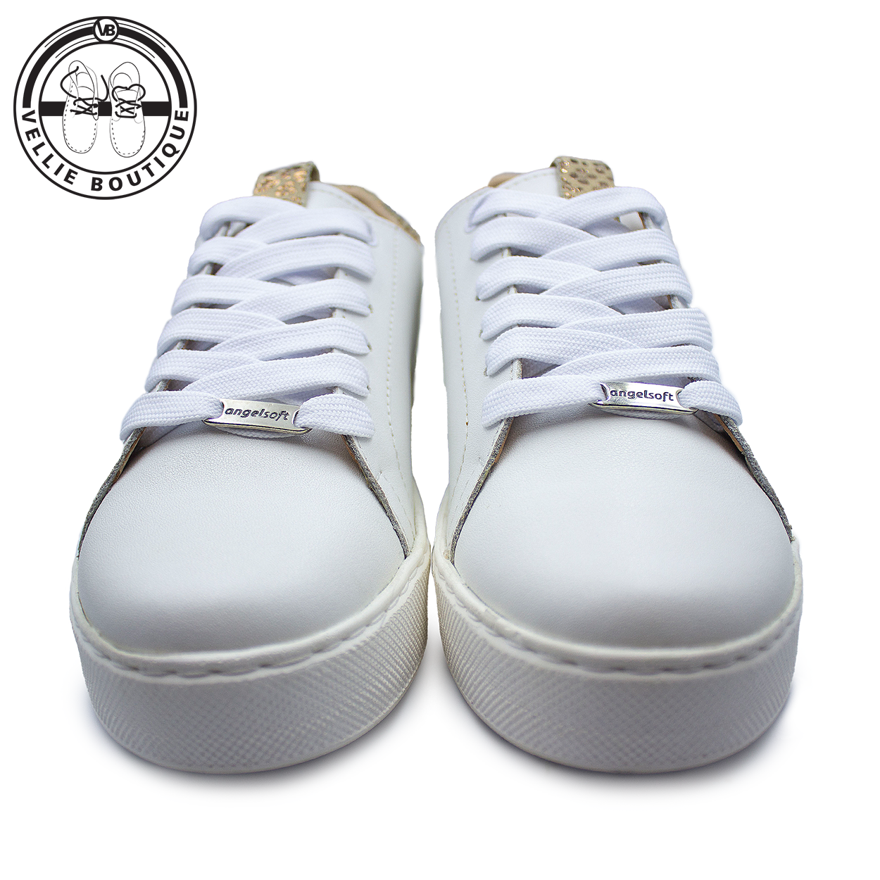 
                  
                    Angelsoft Cindy Lace-Up Leather Sneaker (White with Leopard Trim) [1964]
                  
                
