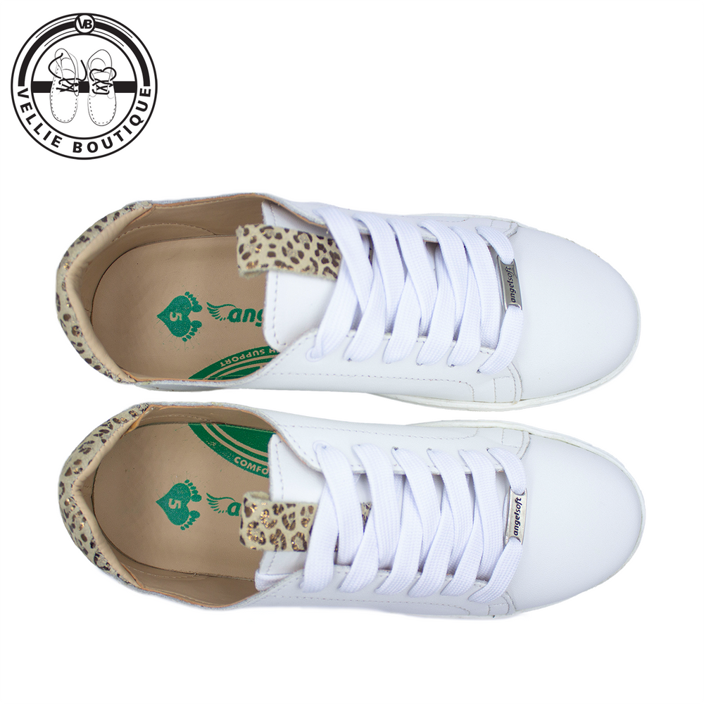 
                  
                    Angelsoft Cindy Lace-Up Leather Sneaker (White with Leopard Trim) [1964]
                  
                