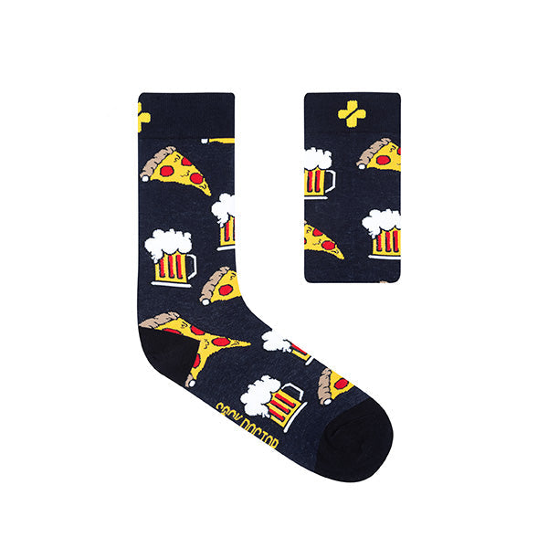 Navy blue socks with pizza and beer design.