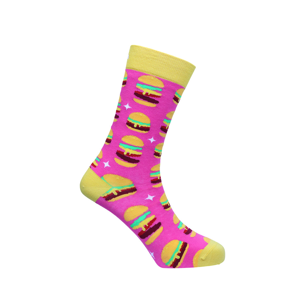 Sock with burger pattern on a pink background.