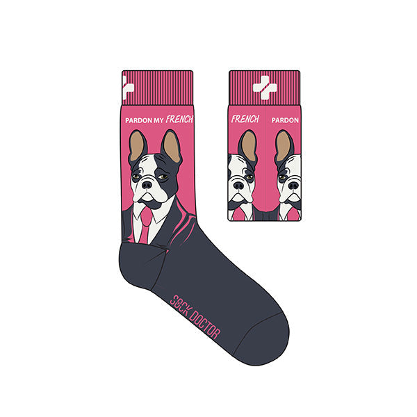 A pair of socks with a French Bulldog design, predominantly dark gray with pink stripes and white details.