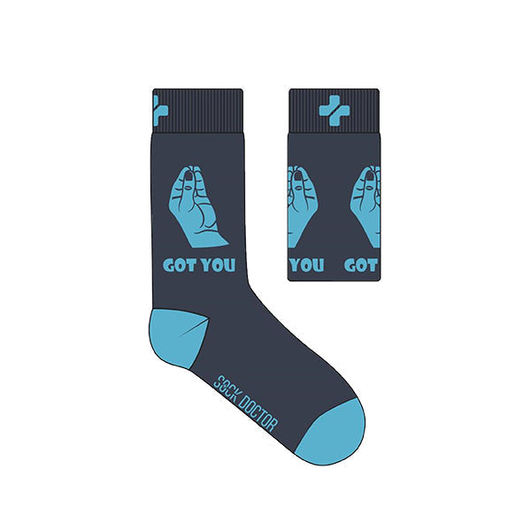 A pair of navy blue socks with a graphic design that includes the text 'GOT YOU' .