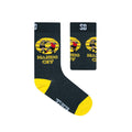 A pair of black socks with yellow accents on the heels and toes, featuring a graphic design of a character and text 'HANDS OFF' on the calf.