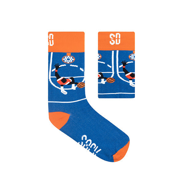 Blue and orange socks with basketball design.