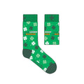 A pair of green socks with a shamrock pattern and the text 'LUCKY TO BE ALIVE' on the cuff, alongside a matching hat with the same design.