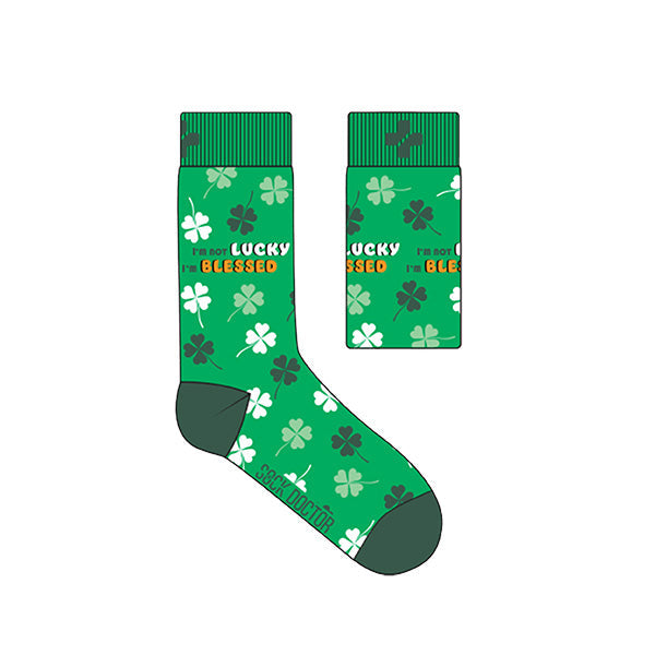 A pair of green socks with a shamrock pattern and the text 'LUCKY TO BE ALIVE' on the cuff, alongside a matching hat with the same design.