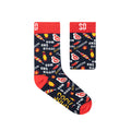 A pair of socks with a pattern that includes flames, text, and the logo 'SD' on the heel and toe. The socks have red trim and appear to be designed for adults.