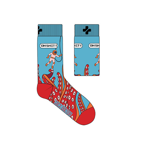A pair of socks with an octopus design, featuring colors predominantly in blue, with accents of pink and white.