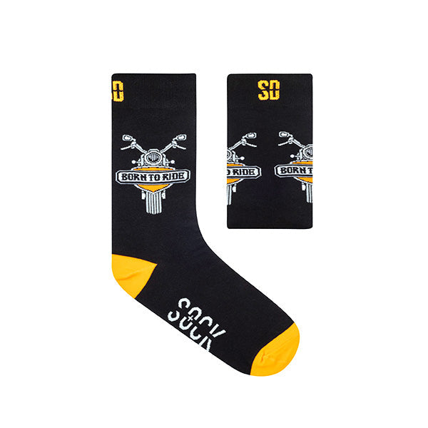 A pair of black socks with a motorcycle design and the text 'DIE TO RIDE' on the cuffs, branded with 'SOCK DOCTOR' on the ankle area and the logo 'SD' on the heel.