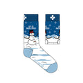 A pair of Sock Doctor branded socks with a snowman and snowflake design, predominantly blue with a white snowman and red accents.