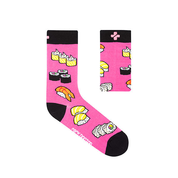 Pink socks with sushi design.