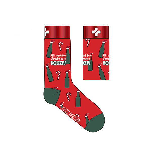A pair of red socks with a Christmas-themed design, featuring text and graphic elements related to booze and Santa Claus.