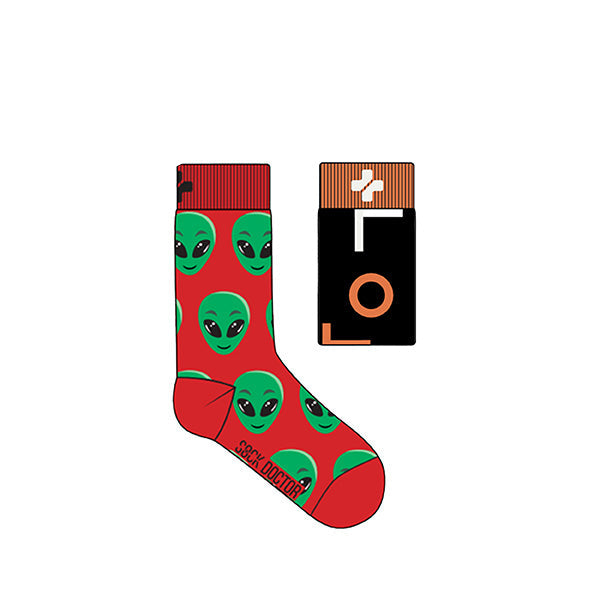 A pair of colorful socks with alien designs, branded by Sock Doctor.