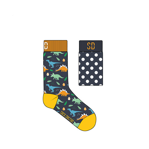 A graphic image featuring two pairs of children's socks with a dinosaur pattern.