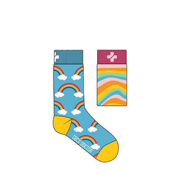Two pairs of colorful kids' socks with rainbow patterns.