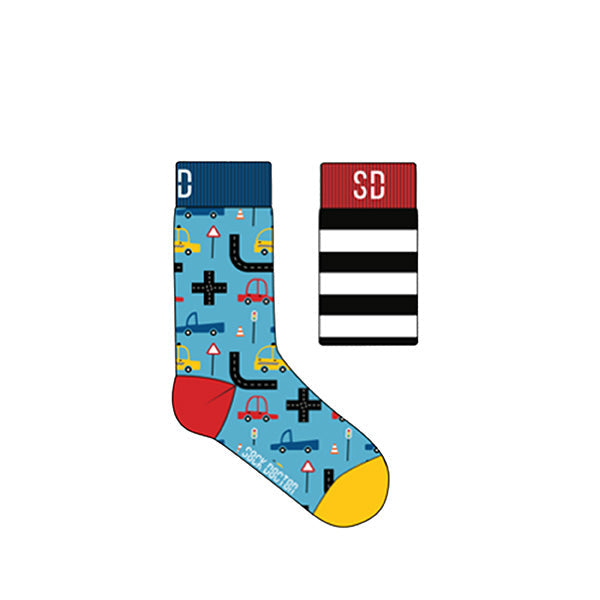 A pair of colorful socks with a road map design.