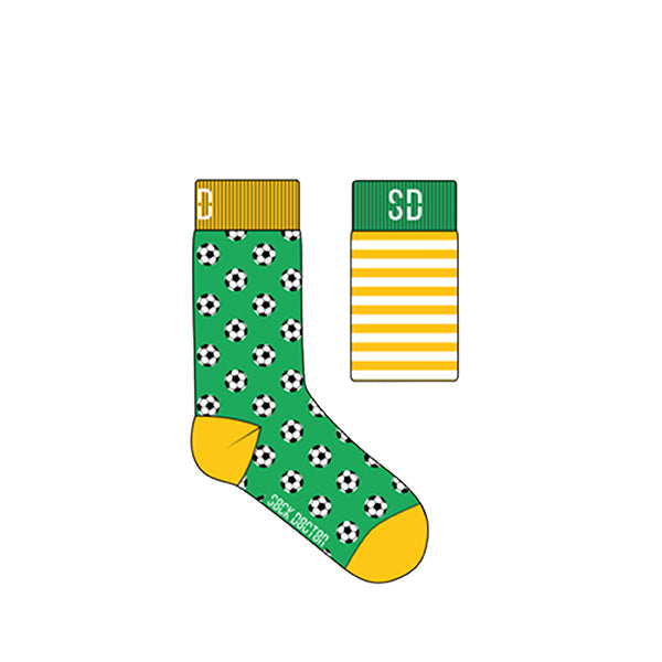 A pair of colorful socks with soccer ball patterns and the brand logo.