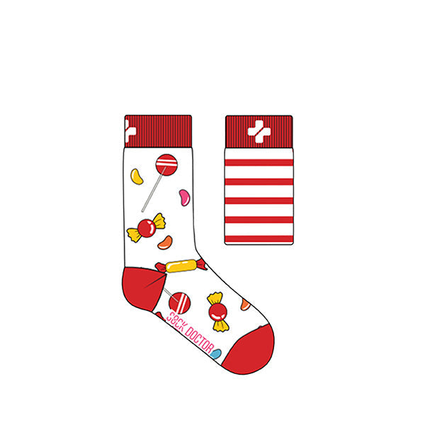 A pair of children's socks with a candy design, predominantly white with red stripes and multicolored sweets patterns.