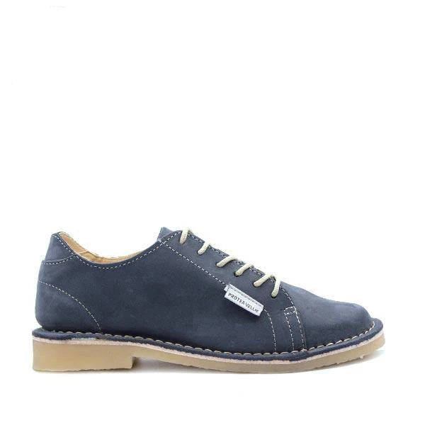 Navy-colored #Protea Suikerbossie ladies vellie shoe with a velvety finish and a low heel, displayed on a white background.