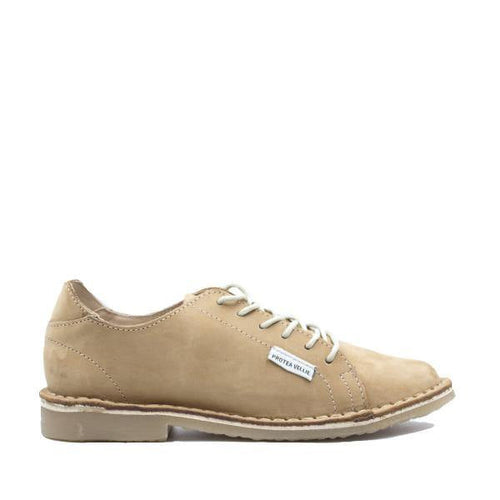 A tan nubuck leather women's shoe with a rubber sole, lace-up closure