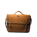 A brown leather laptop bag with a front pocket and a detachable shoulder strap, displayed against a white background.