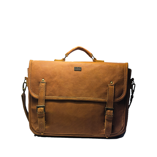 A brown leather laptop bag with a front pocket and a detachable shoulder strap, displayed against a white background.