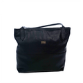 A black leather handbag with two shoulder straps and a logo visible on the side.