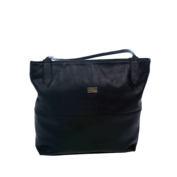 A black leather handbag with two shoulder straps and a logo visible on the side.