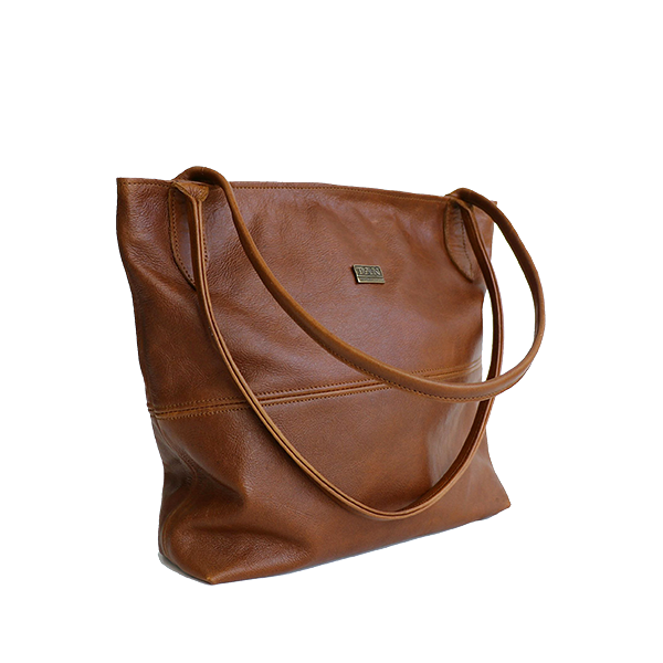A brown, leather handbag with two shoulder straps and a front zipper pocket, set against a white background.