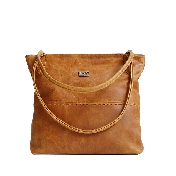 A tan-colored, leather handbag with two shoulder straps and a logo visible on the front.