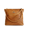 A tan-colored, leather handbag with two shoulder straps and a logo visible on the front.